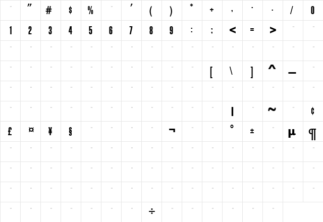 BlockGothicBoldExtraCondTab Roman  glyph index