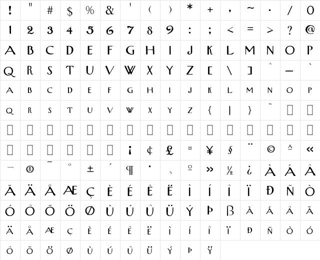 BD WestSide Regular  glyph index