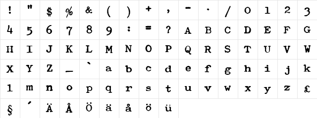 Typewriter Royal 200 Regular  glyph index