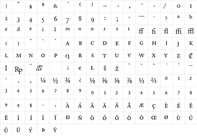Caslon Pro SSi Regular  glyph index