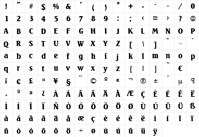 Seagull-Black Regular  glyph index