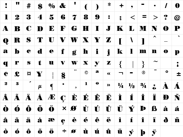 Poster Bodoni CG ATT Regular  glyph index