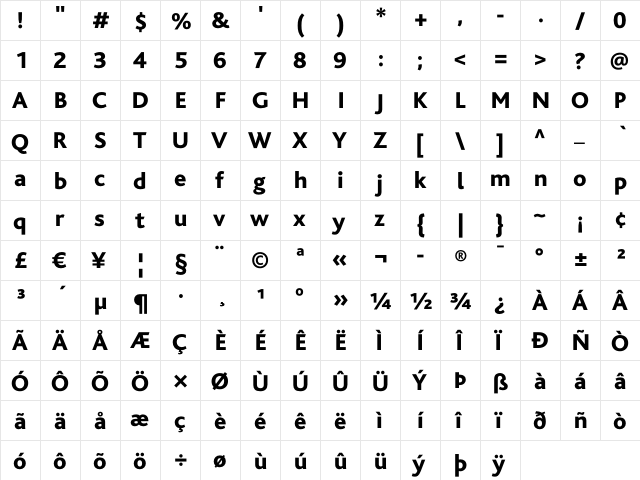 Bliss Regular  glyph index