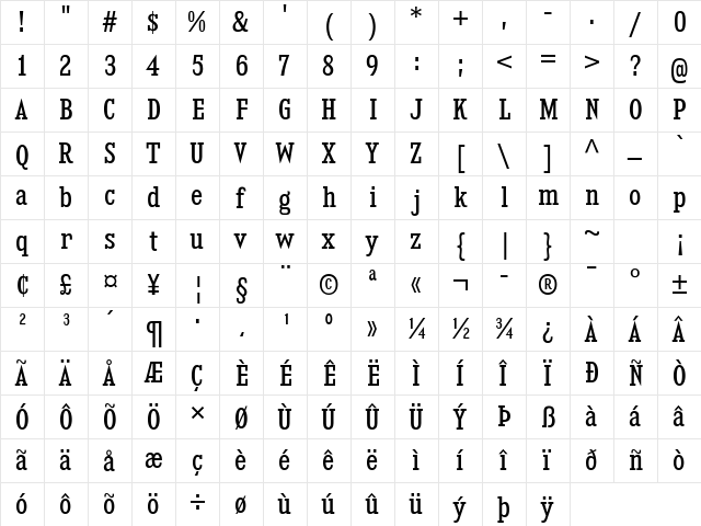 Kingsbridge Condensed  glyph index