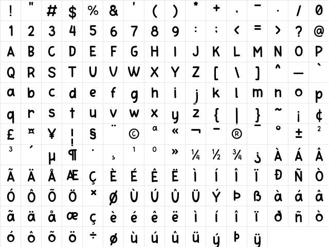 Holaholo Regular  glyph index