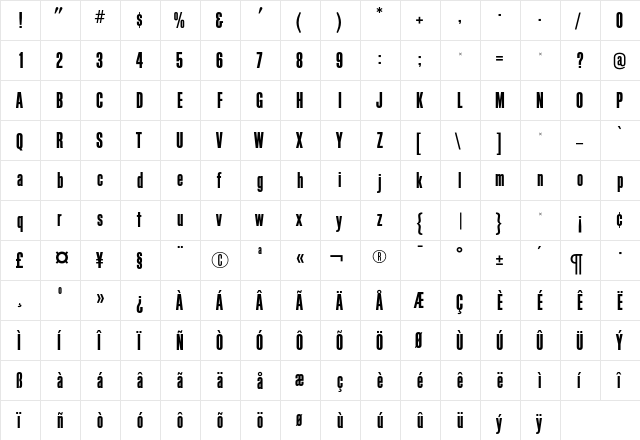 BlockGothicRR Regular  glyph index