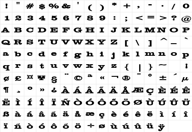 Clare Extended Bold  glyph index