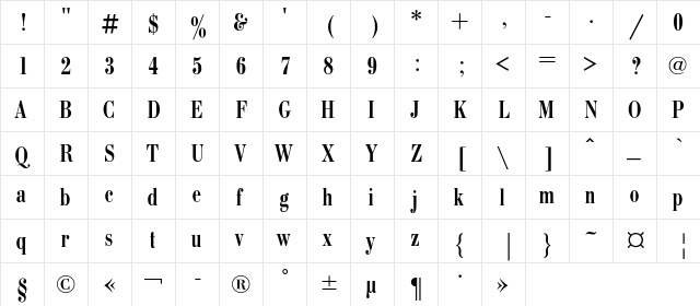 BodoniCondC Regular  glyph index