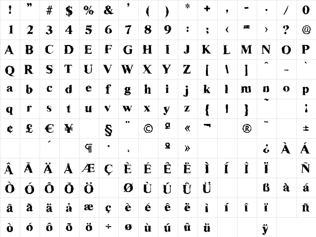 RiccioneRandom-Xbold Regular  glyph index