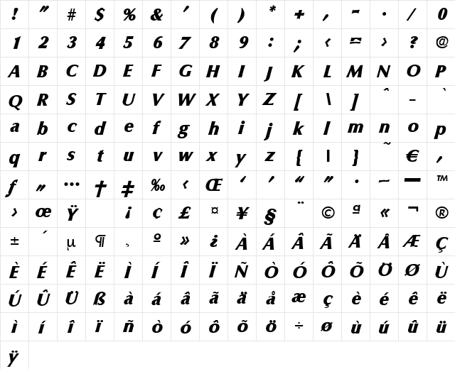 Columbia-ExtraBoldIta Regular  glyph index