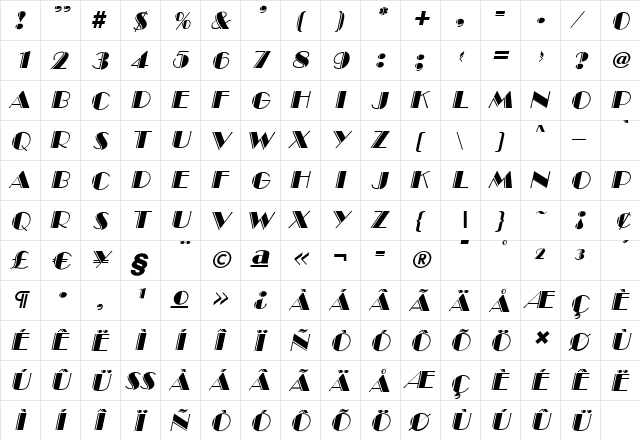 AnnaBeckerEngraved Italic  glyph index