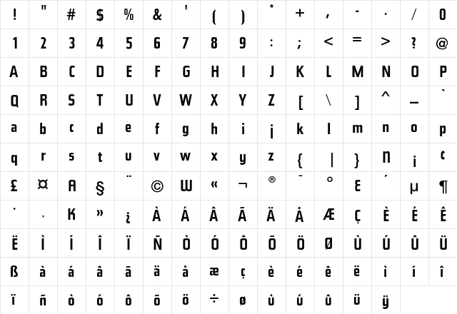 BauerTopic Bold  glyph index