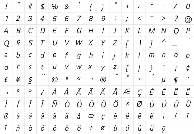 BalanceLight Italic  glyph index