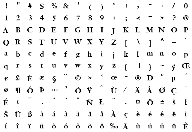 JansonText-Bold Regular  glyph index