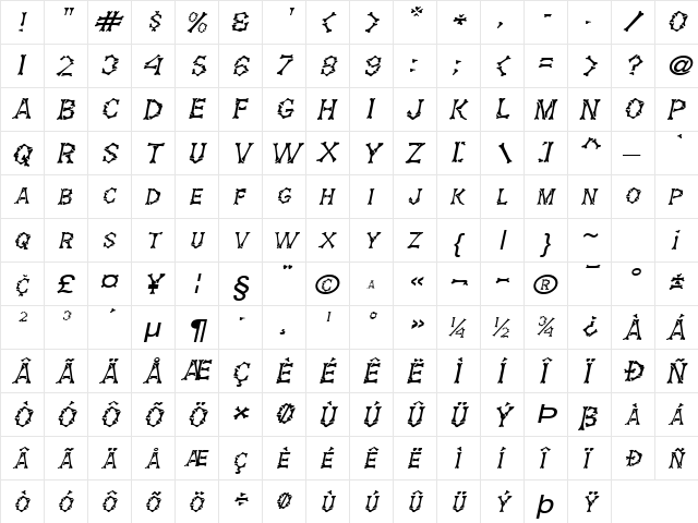 Eddy's Bones-Extended Italic  glyph index