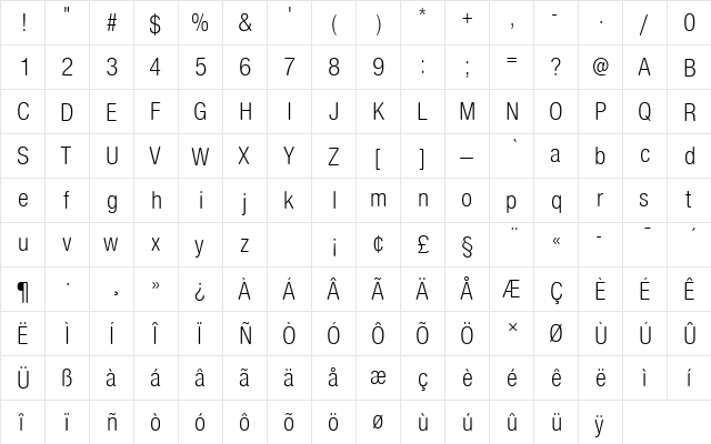 NimbusSanDLigConRo1 Regular  glyph index