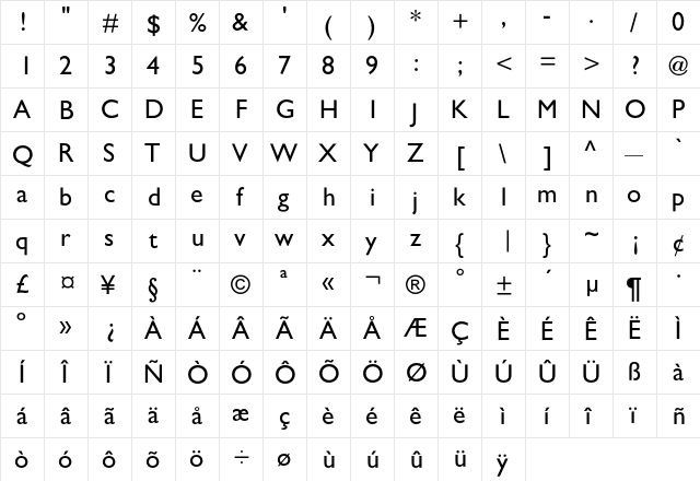 Gentle SansBook  glyph index