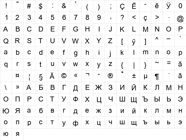 Arial Cyr Chuv Regular  glyph index