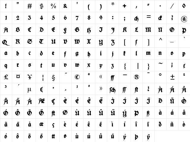 Fette deutsche Schrift Regular  glyph index