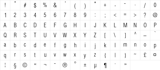 HeliosCondLightC Regular  glyph index