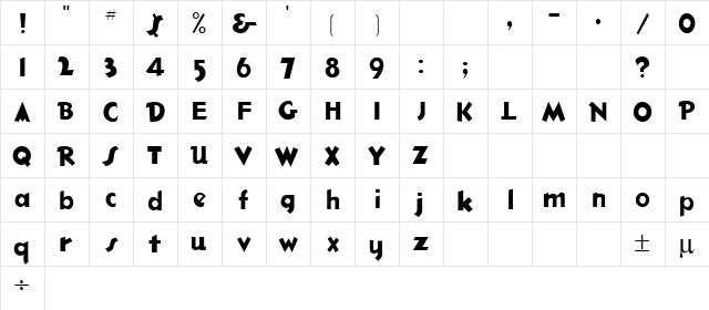 Hotshot Regular  glyph index