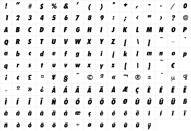 Limerick-ExtraBoldCondIta Regular  glyph index