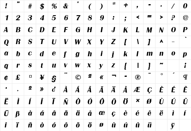 Grenoble Bold Italic  glyph index