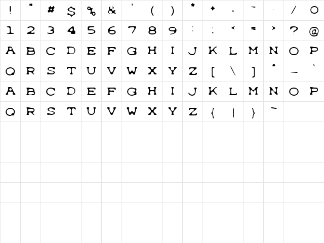 Typewrong Regular  glyph index