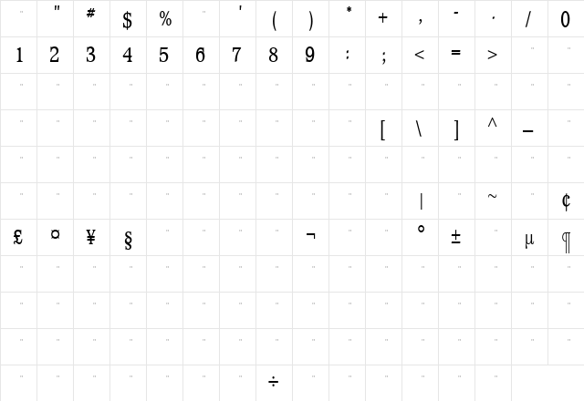 WaverlyMediumCondensedTab Roman  glyph index