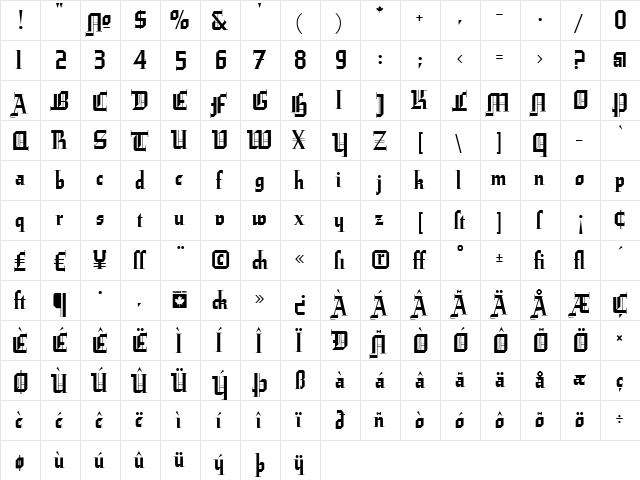 Leather Regular  glyph index