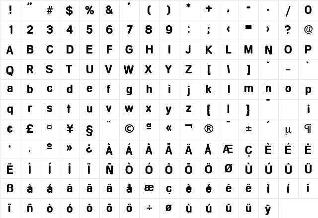 Mercedes-Serial Bold  glyph index