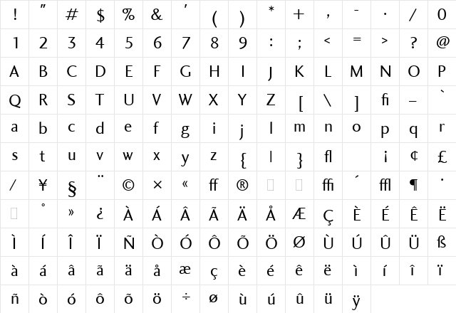 Charlotte Sans Book LET Regular  glyph index