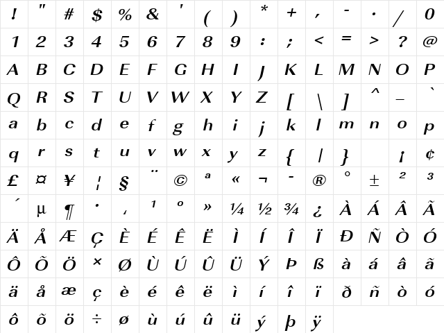 URWImperialTExtWid Bold Oblique  glyph index