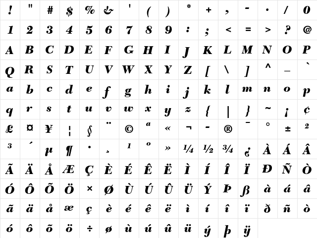 New Caledonia Black Italic  glyph index