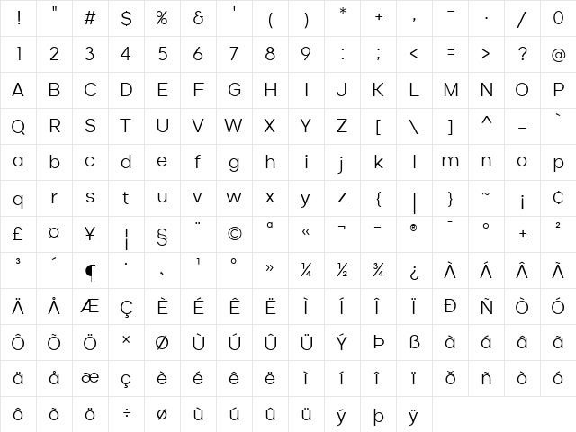 Aceh Light Regular  glyph index