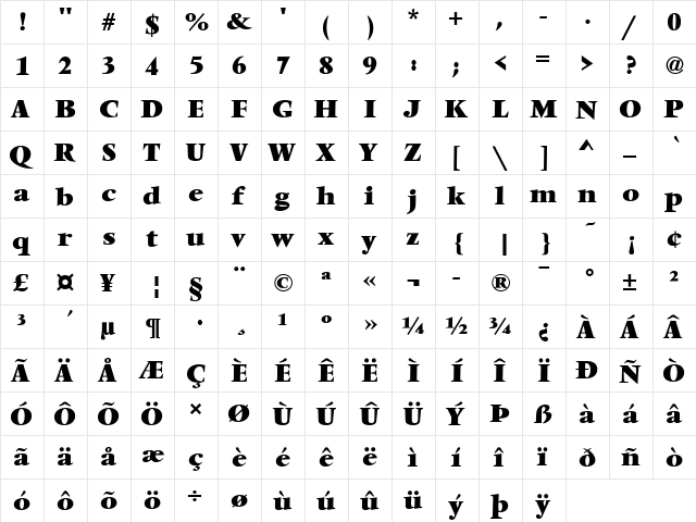 Vendome T Bold  glyph index