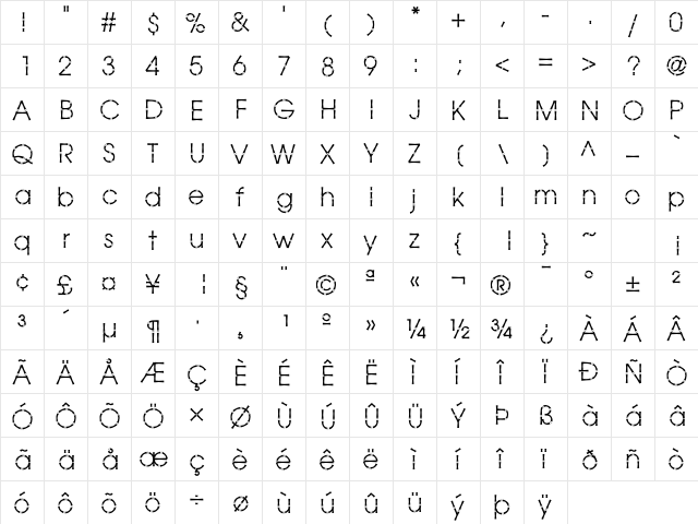 Bamboo Gothic Book  glyph index