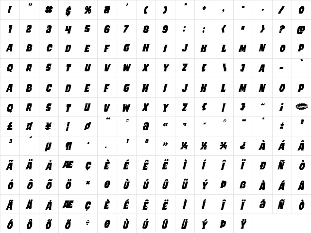 Dusk Demon Staggered Italic Regular  glyph index