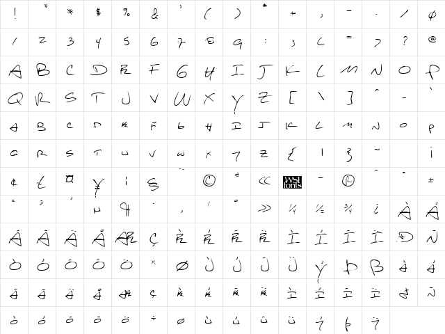 KelseysHand Regular  glyph index