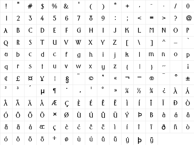 Wright Bold  glyph index