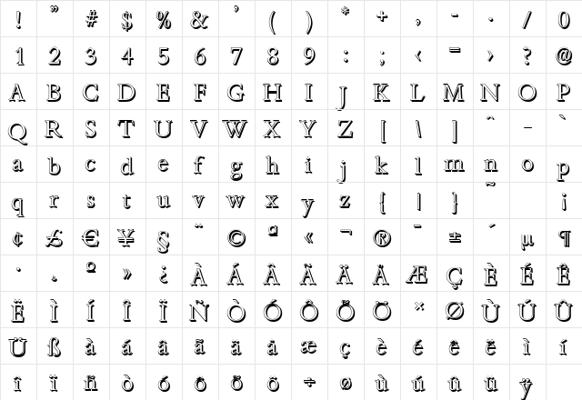 BambergShadow-Light Regular  glyph index