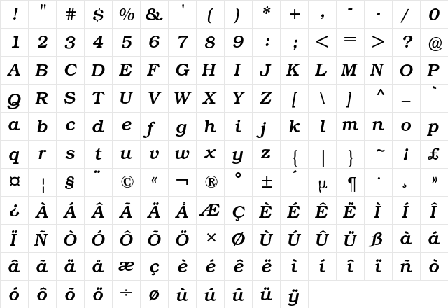 Bookman BQ Regular  glyph index