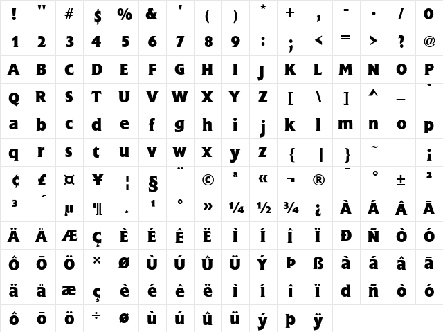 Flare Gothic BOLD  glyph index