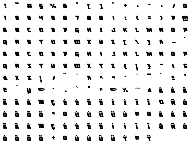 Liberty Legion Leftalic Italic  glyph index