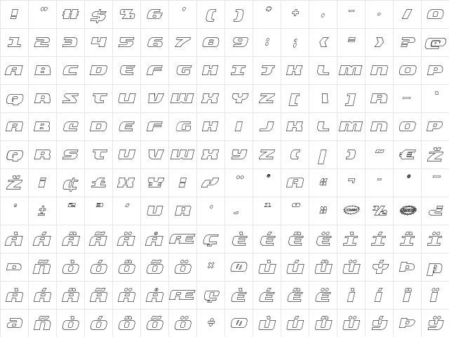 Quickening Outline Italic Italic  glyph index