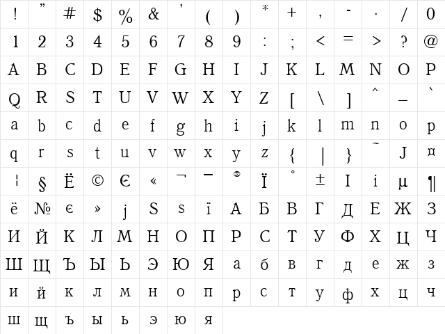 Kvant Regular  glyph index