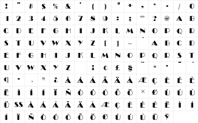 BroadwayEngDRo1 Regular  glyph index