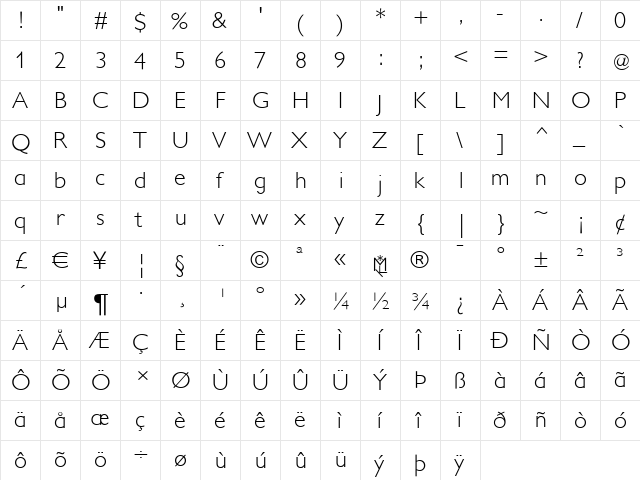 PetitaLight Regular  glyph index
