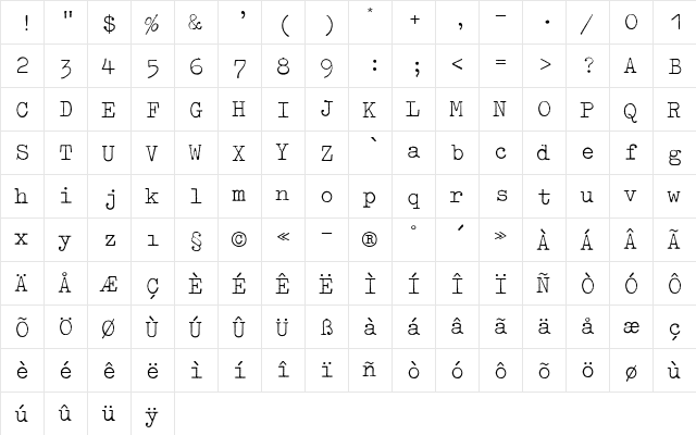 Typewriter Light  glyph index