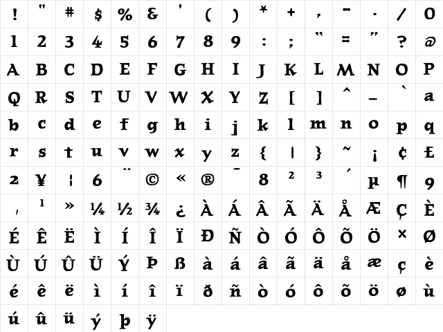 JournalBold Regular  glyph index
